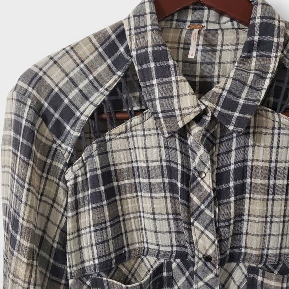 Free People Plaid Pearl Snap Button Oversized Shirt Sz Large Boho Western Grunge - Picture 4 of 12